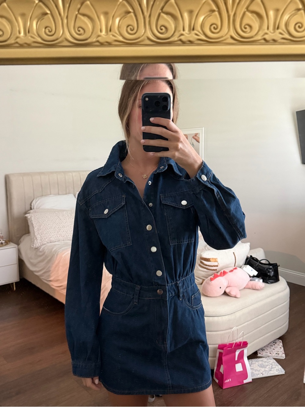 Dark Indigo Denim Button-Front Mini Dress